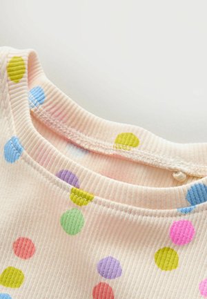 Pehme ribikanga kaelus heleroosa riideesemel, millel on mitmevärvilised suured täpilised rohelises, sinises, lillases, roosas ja punases toonis.