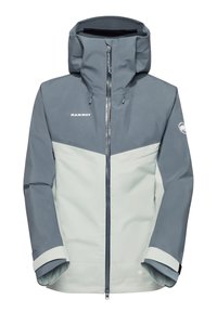 Vandtæt Mammut jakke i grå og lys grå, med lynlås foran, justerbar hætte og manchetter med detaljer. Materialet har en glat overflade.
