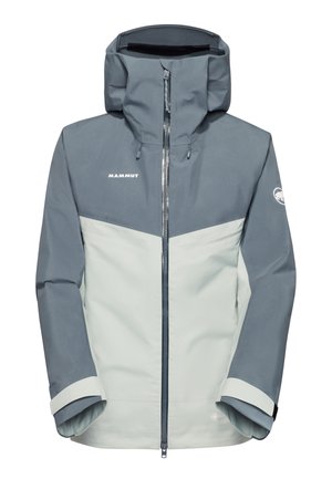 Waterdichte Mammut-jas in grijs en lichtgrijs, voorzien van een ritssluiting aan de voorkant, verstelbare capuchon en details aan de manchetten. Materiaal heeft een gladde afwerking.