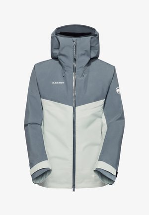 Waterdichte Mammut-jas in grijs en lichtgrijs, voorzien van een ritssluiting aan de voorkant, verstelbare capuchon en details aan de manchetten. Materiaal heeft een gladde afwerking.