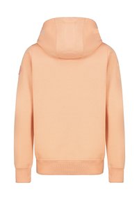 Perzikkleurige hoodie met een kangoeroezak, geribbelde manchetten en zoom, en een capuchon met trekkoord. Voorzien van een logopatch op de linkermouw.