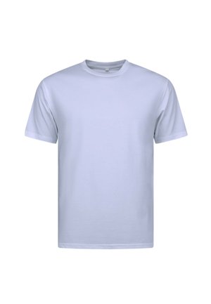 Eenvoudig wit katoenen T-shirt met korte mouwen en ronde hals, afgebeeld tegen een witte achtergrond.