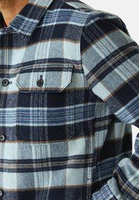 Camicia di flanella con un motivo a quadri blu, navy e marrone. Presenta due tasche sul petto con chiusura a bottone e un colletto a punta.