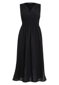 Robe noire sans manches avec un col en V, une taille élastique et une jupe fluide. Confectionnée dans un tissu léger, avec une finition lisse et texturée.