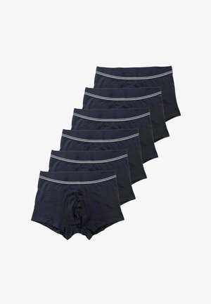Sei paia di boxer corti blu scuro, realizzati in materiale morbido, con una cintura elastica grigia e senza motivi o grafiche visibili.