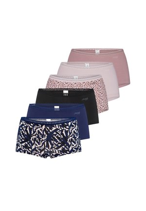 Seks dames hipster trusser i pink, lyserød, pink leopard print, sort, navy blå og navy blå med abstrakt print, stablet side om side.