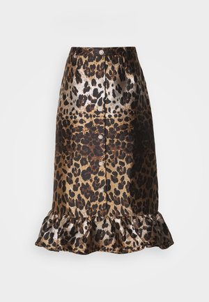 Leopardprint midi-rok in bruine tinten met een gerimpelde zoom, voorzien van een glanzende textuur en knoopdetails aan de voorkant.