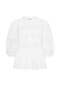 Blusa bianca con maniche a sbuffo, caratterizzata da pannelli in pizzo e chiusura con bottoni. Realizzata in tessuto leggero con un fit fluido e rilassato.