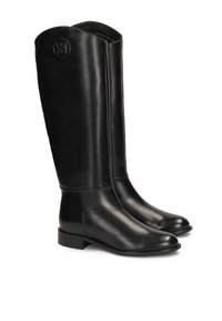 Bottes noires en cuir, montantes jusqu'au genou, avec une finition lisse, un bout rond, un petit talon carré et un détail de logo sur la tige.