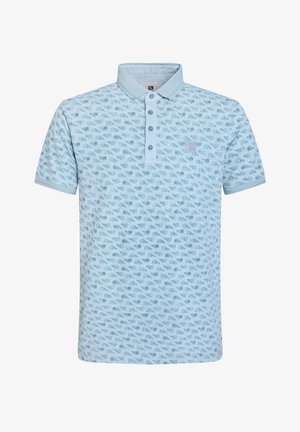 Heledsinine polo-särk, millel on tekstuuritud muster tumedama sinise aktsendiga, kolme nupuga kaelus ja bränditud rõnga vasakul rinnal.