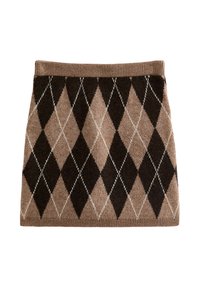 Spódnica dzianinowa z wzorem argyle w brązowo-beżowych odcieniach, z prążkowanym pasem i miękką teksturą. Prostokątny kształt, długość do kolan.