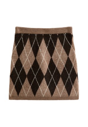 Gebreide rok met een ruitpatroon in bruin en beige, met een geribde tailleband en een zachte textuur. Rechthoekige vorm, knie-lengte.