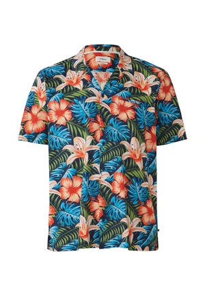 Korte mouwen overhemd voor heren met een tropisch rood, wit en blauw bloemenpatroon op een donkere achtergrond.