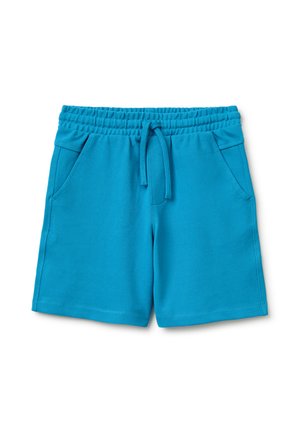 Blaue elastische Shorts mit Gummibund, vorderem Kordelzug und Seitentaschen, aus strukturiertem Stoff, auf weißem Hintergrund gezeigt.
