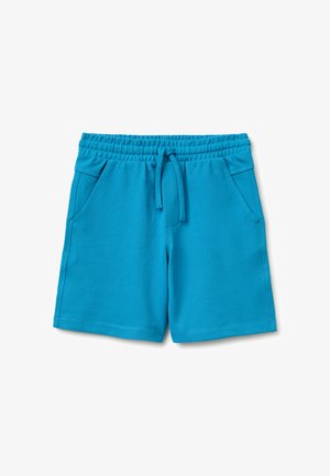 Blaue elastische Shorts mit Gummibund, vorderem Kordelzug und Seitentaschen, aus strukturiertem Stoff, auf weißem Hintergrund gezeigt.