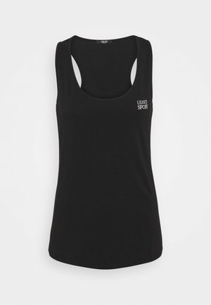 Czarny bezrękawnik wykonany z gładkiej tkaniny, z okrągłym dekoltem i małym białym logo z kryształowymi zdobieniami na przodzie.