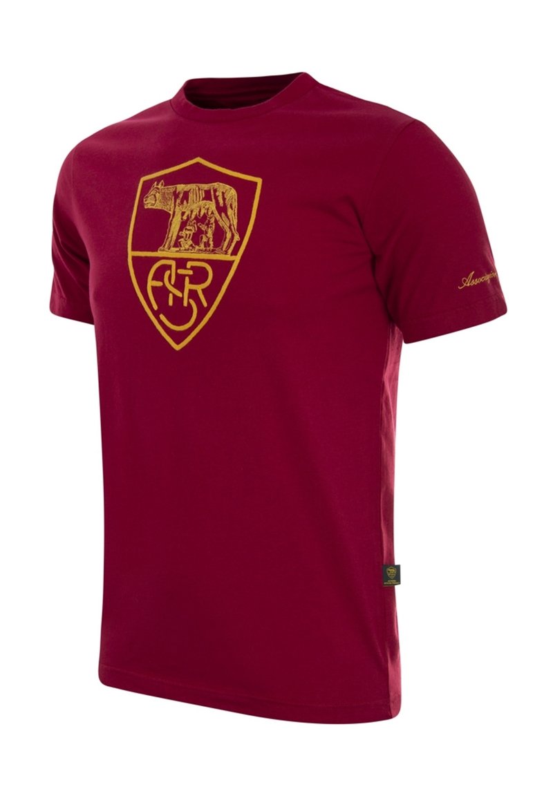 Bordeaux katoenen t-shirt met een gouden schildlogo met een berenafbeelding en tekst. Korte mouwen, ronde hals, met een klein label aan de zijkant.