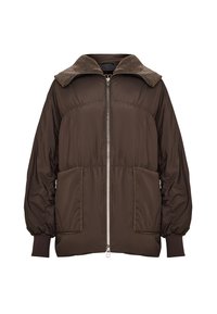 Bruine puffer jacket met een ritssluiting, grote nepbont kraag, elastische manchetten en twee voork.prototype tasjes. Gladde textuur en gewatteerd ontwerp.