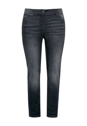 Tummanharmaat farkut, joissa on istuva muotoilu, viisi taskua, vyölenkit ja haalistu pinta lahkeissa.