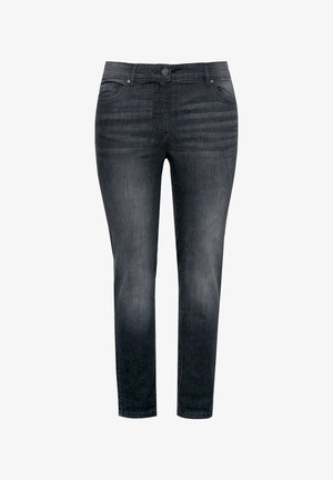 Dunkelgraue Denim-Jeans mit tailliertem Schnitt, fünf Taschen, Gürtelschlaufen und einer leicht ausgewaschenen Optik entlang der Beine.