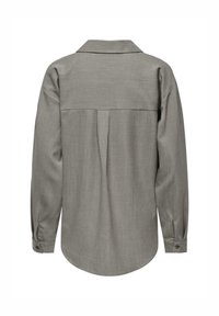 Gray long-sleeve shirt with a collar, featuring a pleated back design and buttoned cuffs. Smooth texture and minimalist style.