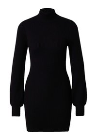 Geribbeld zwart mini-jurkje met een hoge opstaande kraag en lange puffmouwen. Aansluitende silhouet en textuurstof overal.