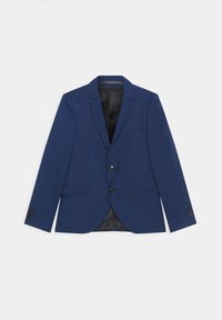 Blazer bleu marine en tissu texturé, avec deux boutons devant, deux poches latérales et une doublure intérieure noire.