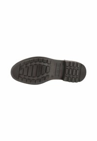 Suela de zapato de goma negra con un patrón de rejilla texturizado y líneas horizontales para mayor agarre, con un logotipo en el lateral.