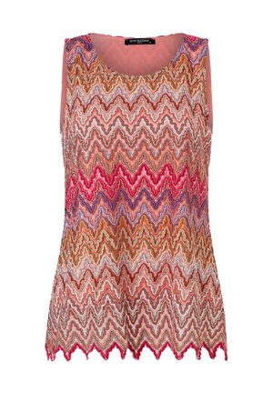 Ärmelloses Oberteil mit einem wellenförmigen Zickzackmuster in Rosatönen, Orange und Lila. Scallop-Saum mit strukturiertem Stoff.