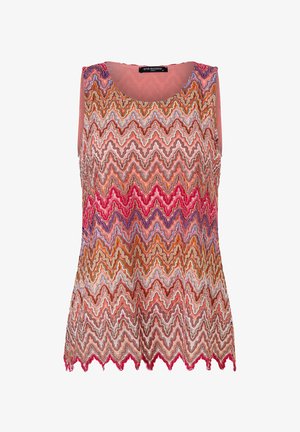 Ärmelloses Oberteil mit einem wellenförmigen Zickzackmuster in Rosatönen, Orange und Lila. Scallop-Saum mit strukturiertem Stoff.