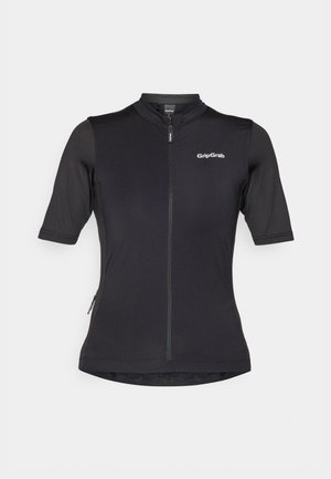 Jersey de ciclismo negro de manga corta con cremallera frontal, material transpirable y logo de GripGrab en la parte superior izquierda.
