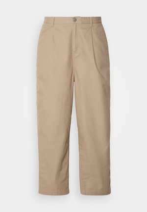 Beige, lightweight cotton pants with pleated front, button closure, and straight legs, featuring a smooth texture and no visible patterns.