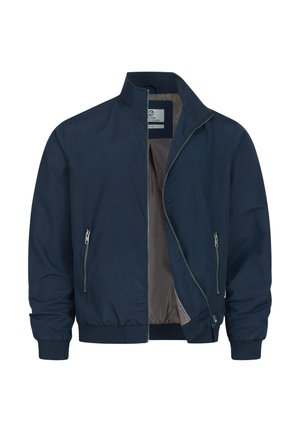 Marineblauw jack met ritssluiting en opstaande kraag, twee met rits afgesloten zijzakken, geribbelde manchetten en zoom, gedeeltelijk open om de grijze voering te tonen.