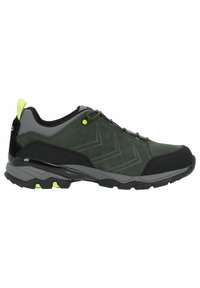 Scarpe da trekking verde scuro con accenti neri, rete grigia, materiale scamosciato testurizzato, chiusura con lacci e suola in gomma robusta.