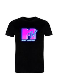 Černé bavlněné tričko s živým růžovým a modrým logem MTV, pod kterým je v tučném, moderním písmu napsáno "MUSIC TELEVISION".