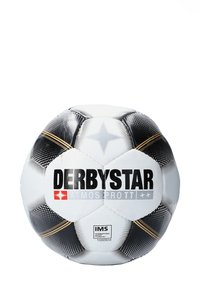 Schwarz-weißer Fußball mit einem sechseckigen Muster, das gelbe Akzente aufweist und das "DERBYSTAR"-Logo prominent auf der Oberfläche zeigt.