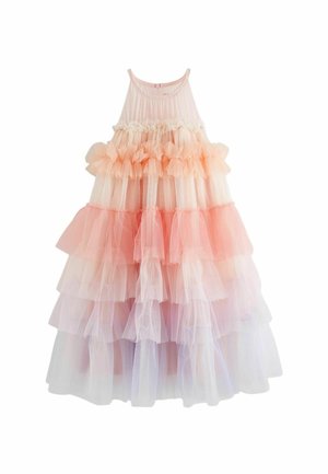 Robe sans manches à étages avec des couches volantées dans des tons de rose et de pêche, en tissu léger et transparent avec un col rond.