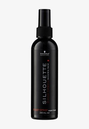 Flacon pulvérisateur de 200 ml noir Schwarzkopf Professional Silhouette, étiquette indiquant "formule classique maintien invisible", produit capillaire super fixation.