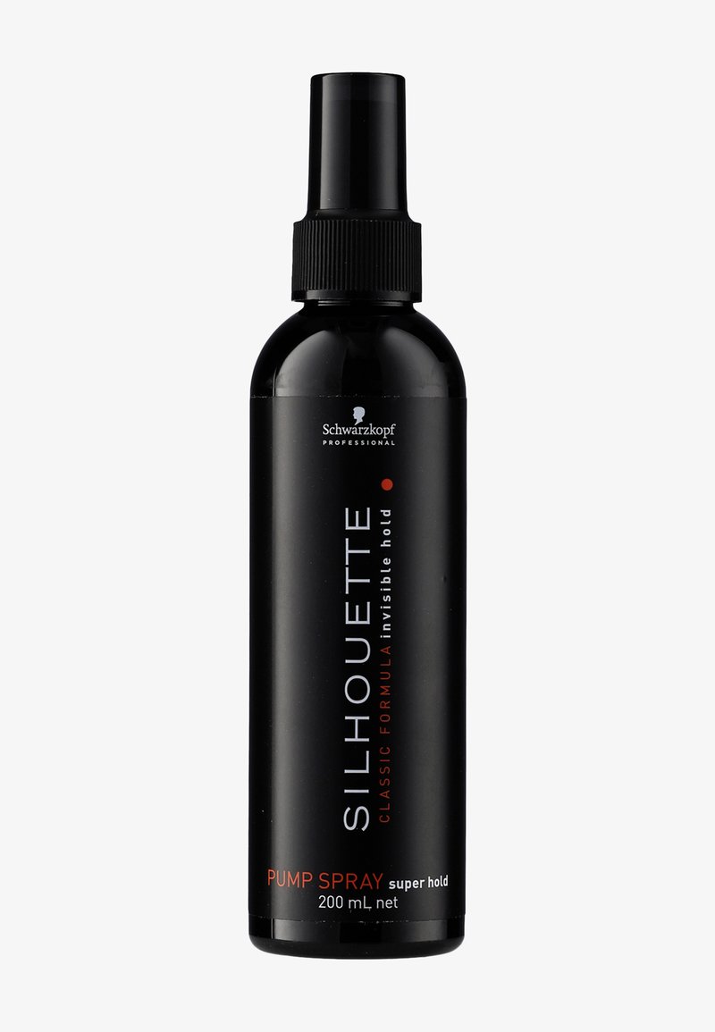 Schwarze 200 ml Pumpzerstäuber-Flasche von Schwarzkopf Professional Silhouette mit der Aufschrift klassische Formel unsichtbarer Halt, Super-Halt Haarprodukt.