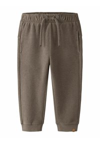 Pantalon de jogging en maille marron avec ceinture élastique, cordon de serrage, poches latérales et poignets côtelés.