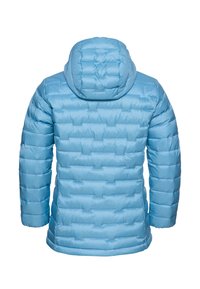 Lichtblauwe pufferjack met een capuchon, voorzien van gestikte panelen en een gladde, glanzende textuur. Geschikt voor koud weer.