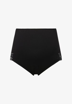 Czarne majtki o wysokim stanie, wykonane z miękkiego materiału, z koronkowymi wstawkami po bokach. Gładka faktura i dopasowany krój.