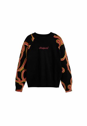 Musta neule, jossa on moniväriset pyöreyksiset kuviot oranssina ja vaaleanpunaisena. Ominaisuuksiin kuuluu pyöreä kaula-aukko sekä joustavat hihansuut ja helma. Brodeerattu logo.