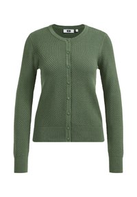 Green knitted cardigan with a textured pattern, round neckline, and button closure. Features ribbed cuffs and hem.