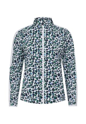 Leopardenmusterjacke mit weißem Hintergrund. Verfügt über einen hohen Kragen, einen durchgehenden Frontreißverschluss und kontrastierende weiße Seitenstreifen.