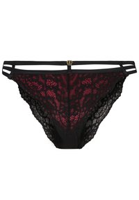 Zwarte kantene onderbroek met een rood bloemenpatroon, met een effen zwarte voorkant en achterkant, en zwarte bandjes aan de zijkanten met een gouden accent.
