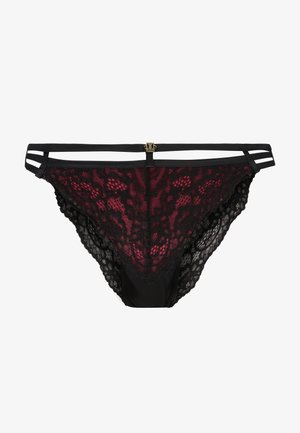 Schwarze Spitzenunterwäsche mit einem roten Blumenmuster, einem einfarbigen schwarzen Vorder- und Rückteil sowie schwarzen Seitenbändern mit einem goldenen Akzent.