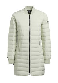 Geacă puff light green, cu un model vertical de cusături, manșete elastice, buzunare laterale și fermoar frontal cu accesorii negre.