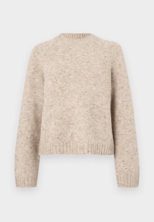 Pull en tricot beige avec un col rond, des manches longues et des poignets côtelés. Fabriqué en mélange de laine texturé avec des éclats subtils tout au long.