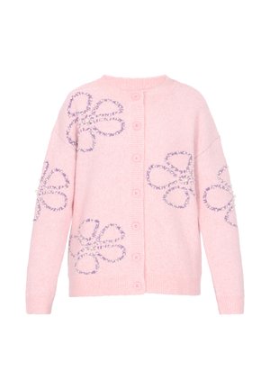 Rosa Knopfleisten-Cardigan mit langen Ärmeln, verziert mit großen lila und weißen Perlenblumenmustern auf der Vorderseite und den Ärmeln.